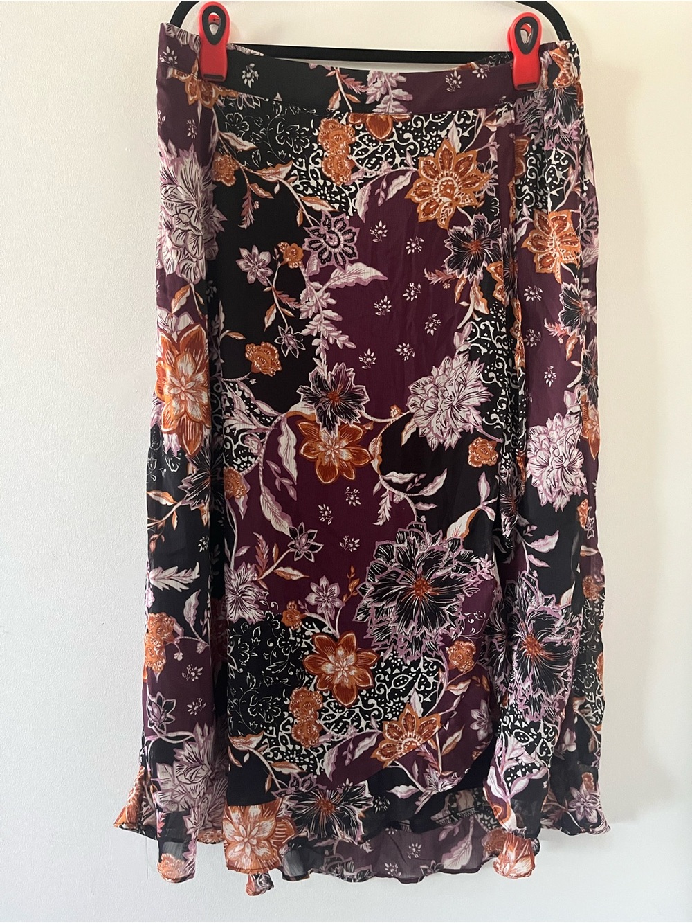 Purple Orange Floral Patchwork Tropical Midi Skirt XXL Ruffle Resort Beachy